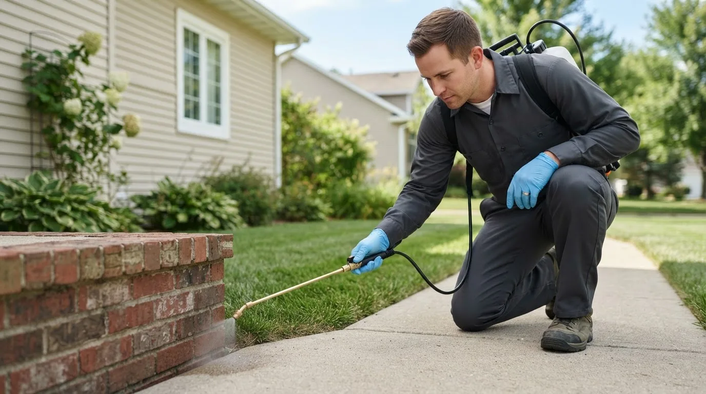 Pest control technician treating a home near Winger, MN